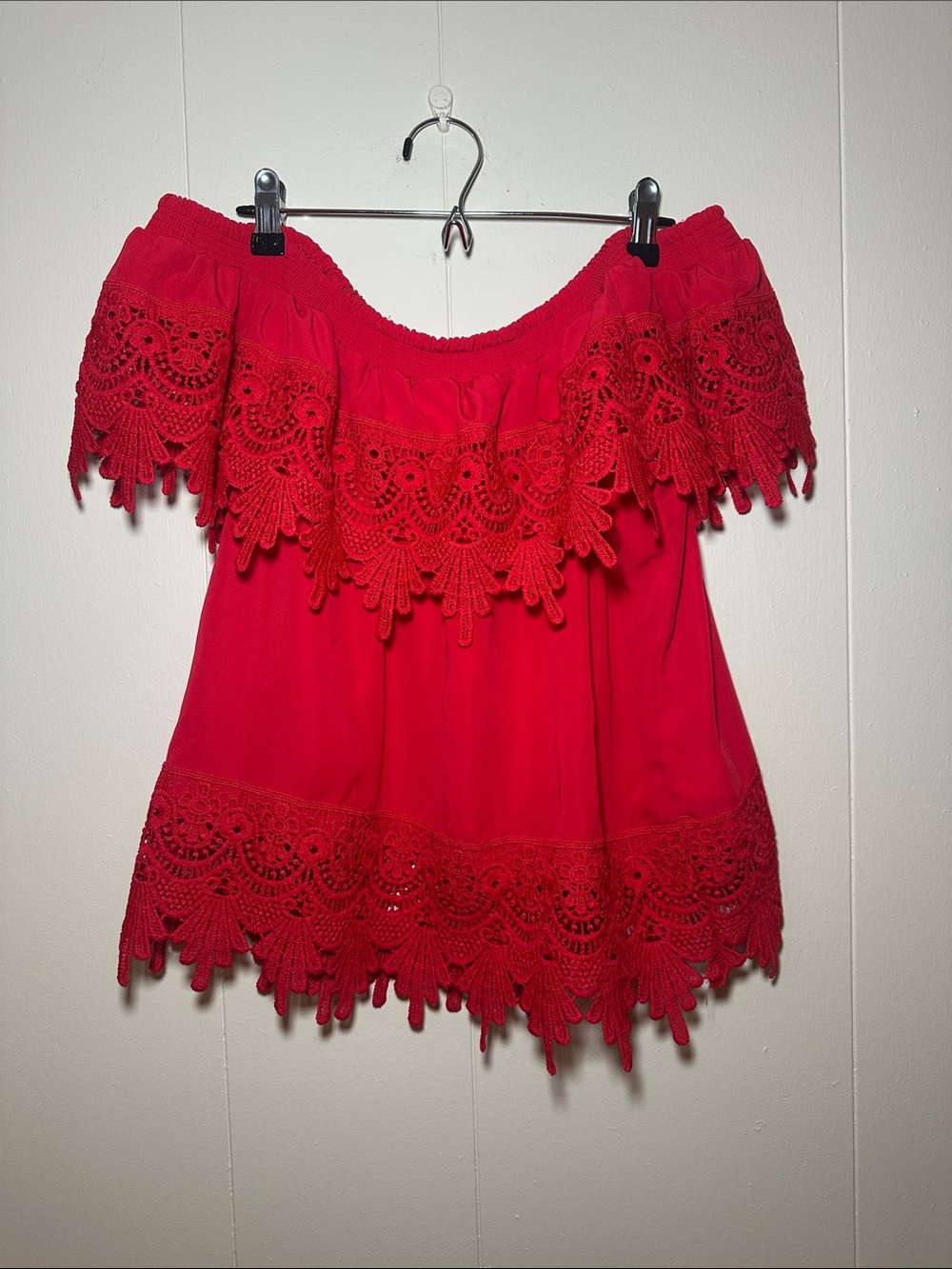 No Boundaries Red Off-Shoulder Crochet Trim Top